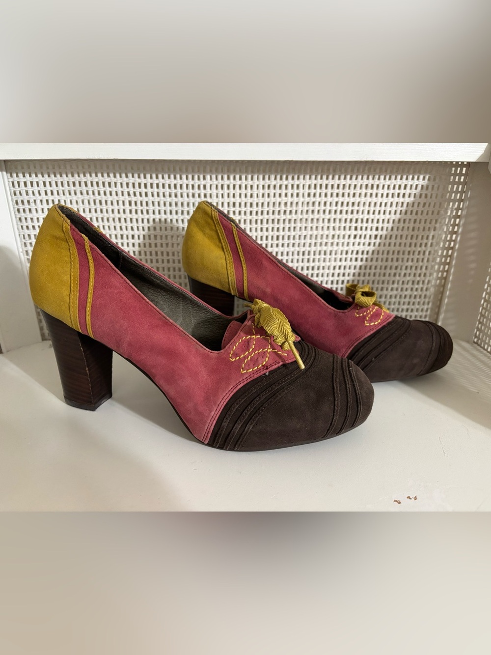 Retro Multicolor Suede 3.5” Block-Heel Pumps by Pilero And The Letterman Press